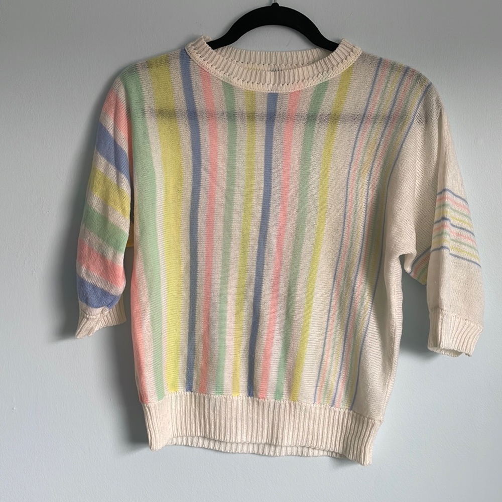 Retro Pastel Asymmetrical Striped Short Sleeve Sweater